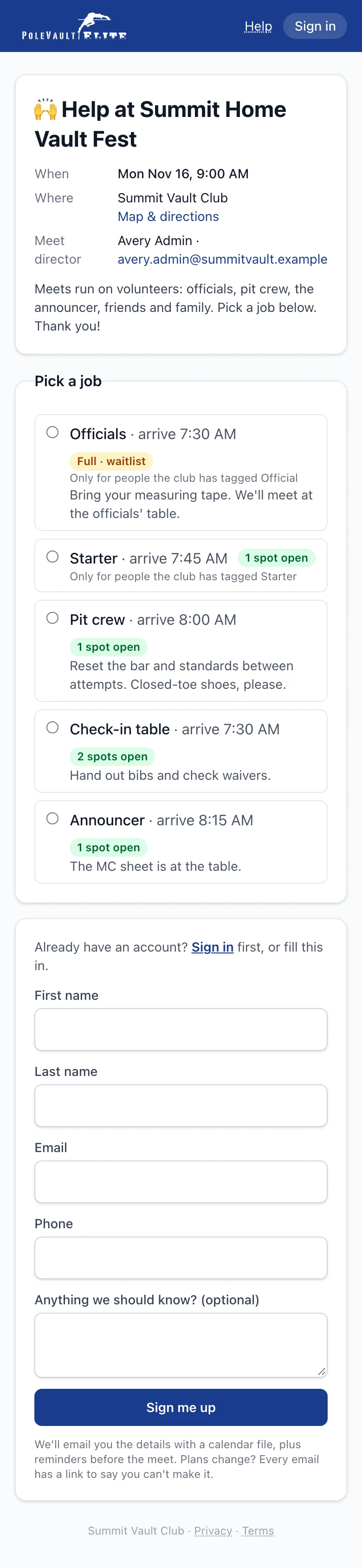 Help at this meet: the open jobs and the sign-up form