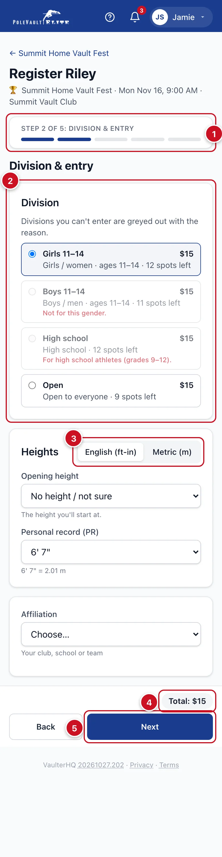 The paged entry form on the Division & entry step: division, height pickers in feet or metres, affiliation and the running total