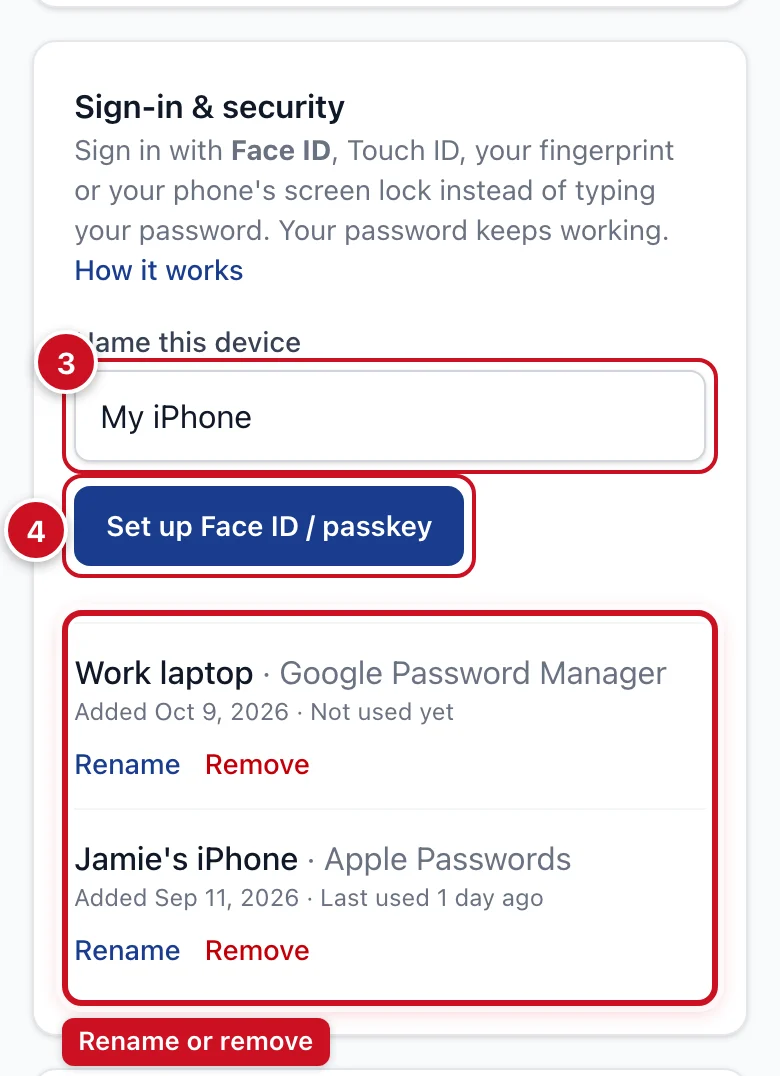Profile → Sign-in & security with two passkeys