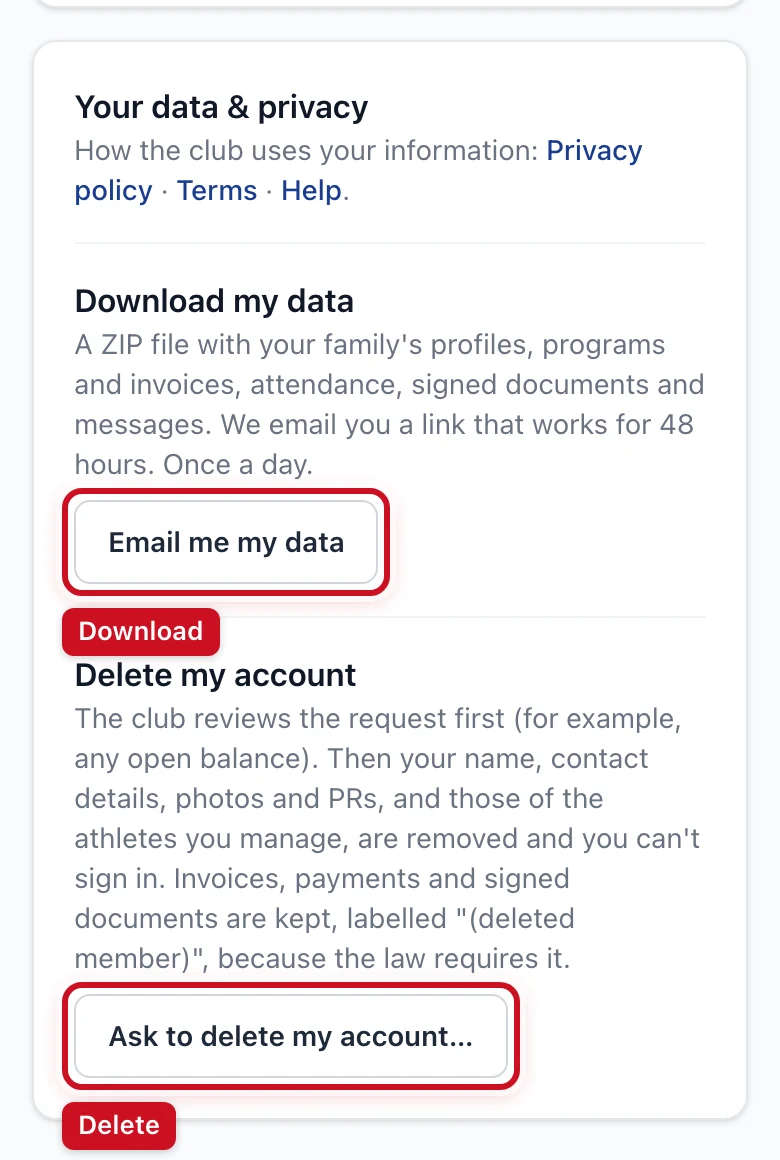 Your data & privacy on the Profile page