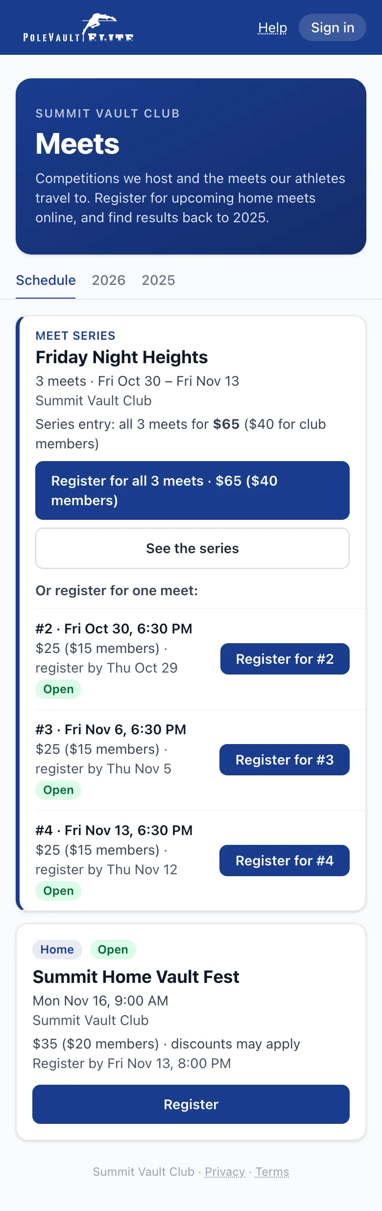 The public Meets page: the Schedule, season and Older tabs; a meet series is one block