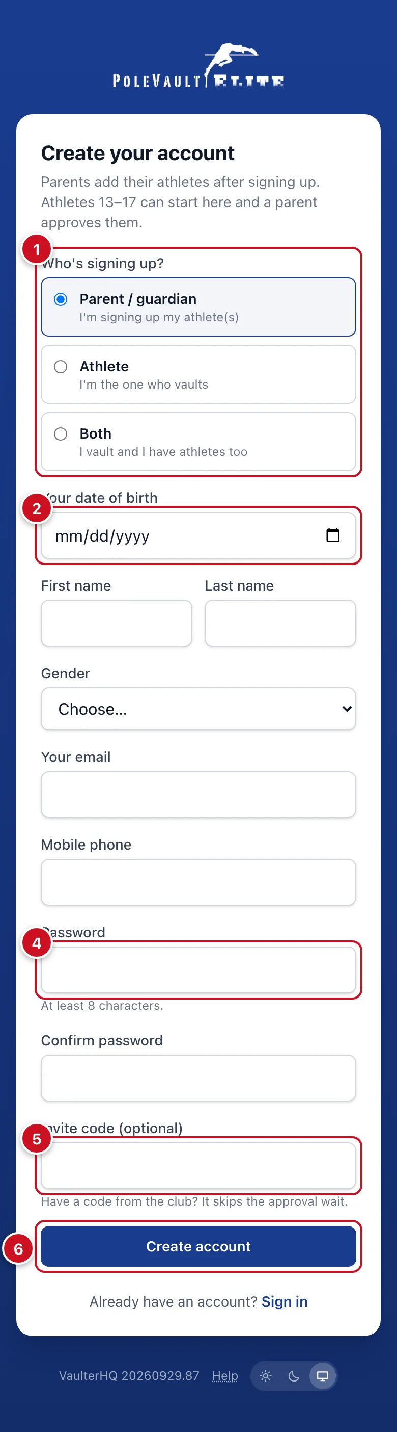 The sign-up form