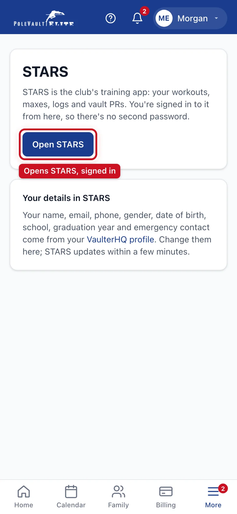 The STARS page with the Open STARS button