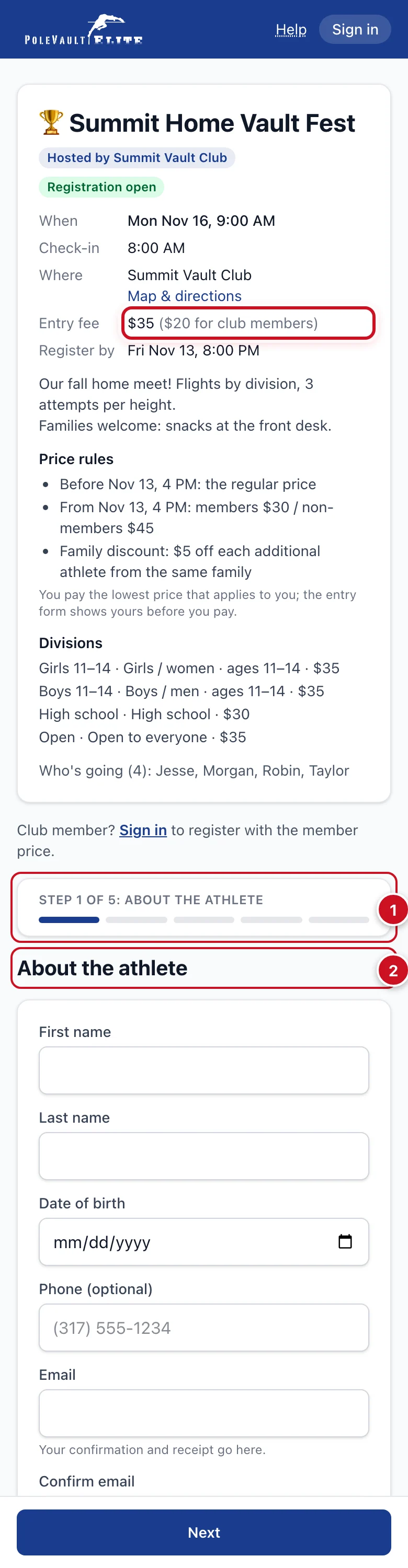 A home meet's public page with the first step of the entry form