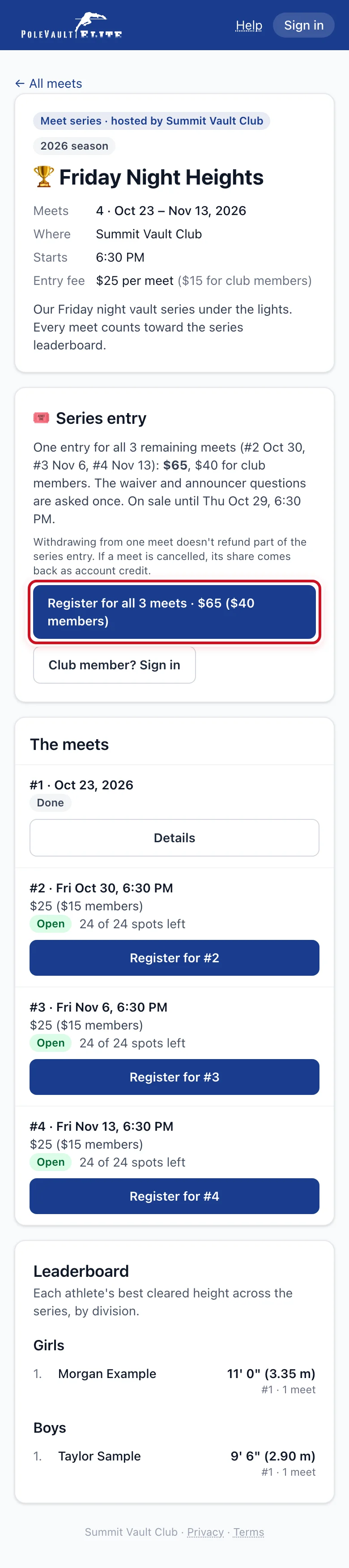 The series page: the meets with dates, prices and Register for #N, series entry and the leaderboard