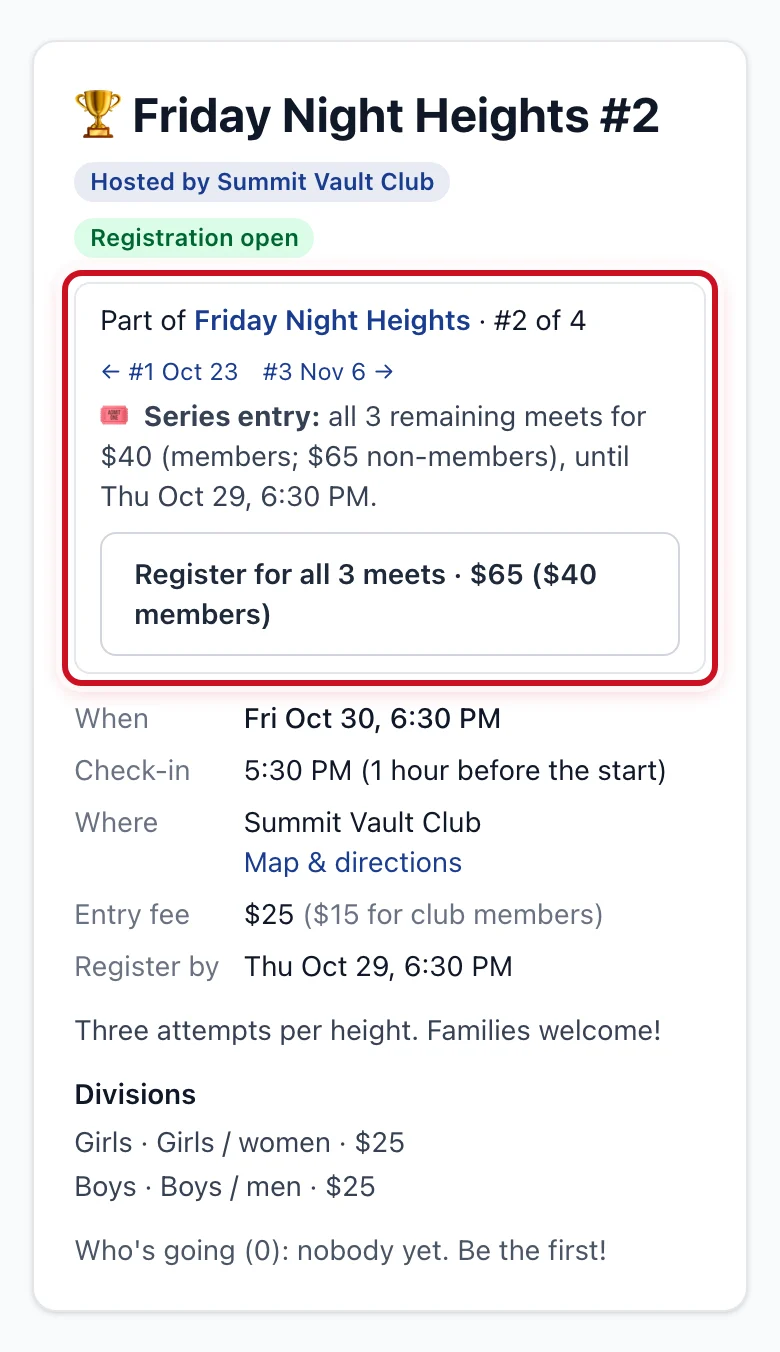 A meet in the series: "Part of Friday Night Heights · #2 of 3" with series entry