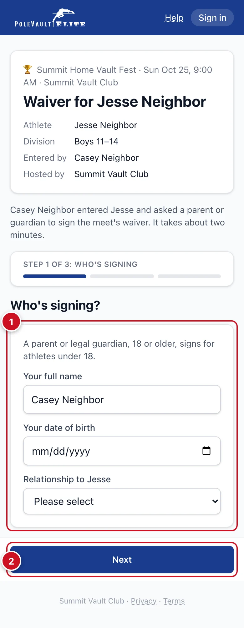 The waiver page a parent opens from the email: the meet and athlete, then who's signing